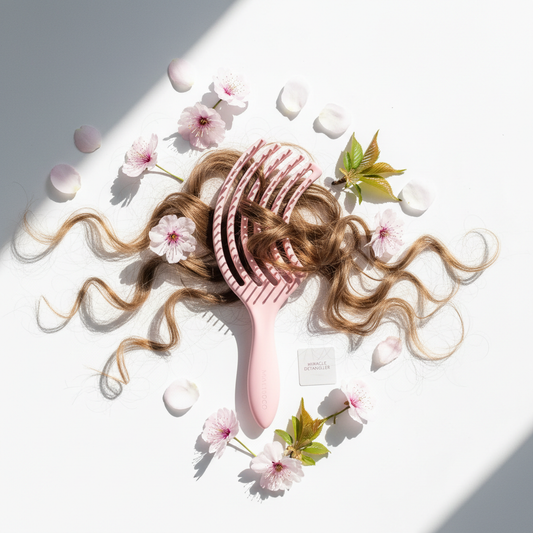 Brosse miracle démêlante cheveux bouclés flat lay fond blanc fleurs